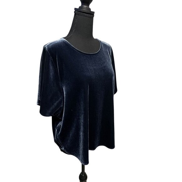 MADEWELL Blue Velvet Short-Sleeve Loose-Fit Top Womens Elegant Round Neck Blouse - Picture 3 of 9